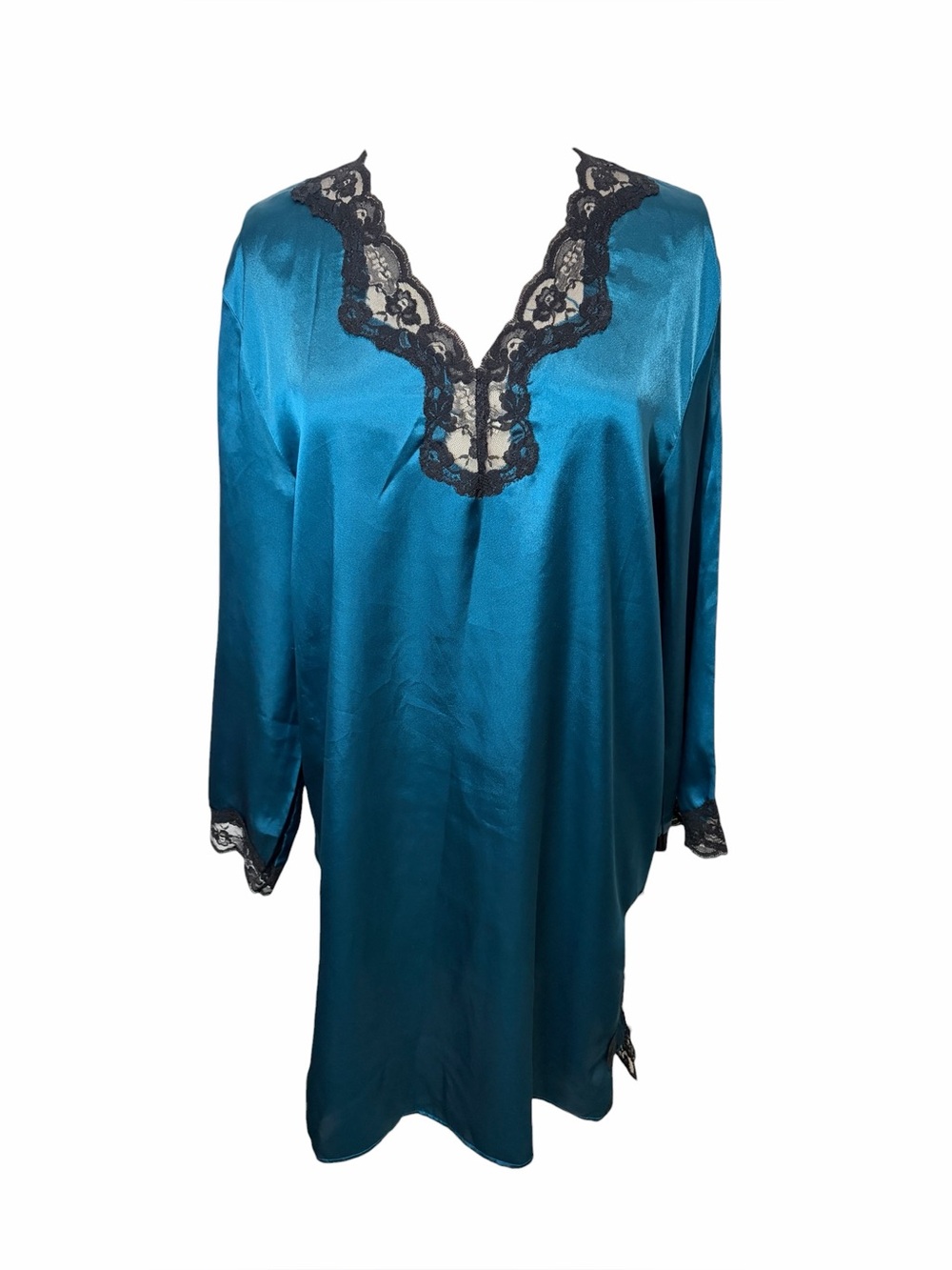 VTG ALEXANDRA BARTLETT Teal Satiny Sleep Gown with Black Lace Trim, Large